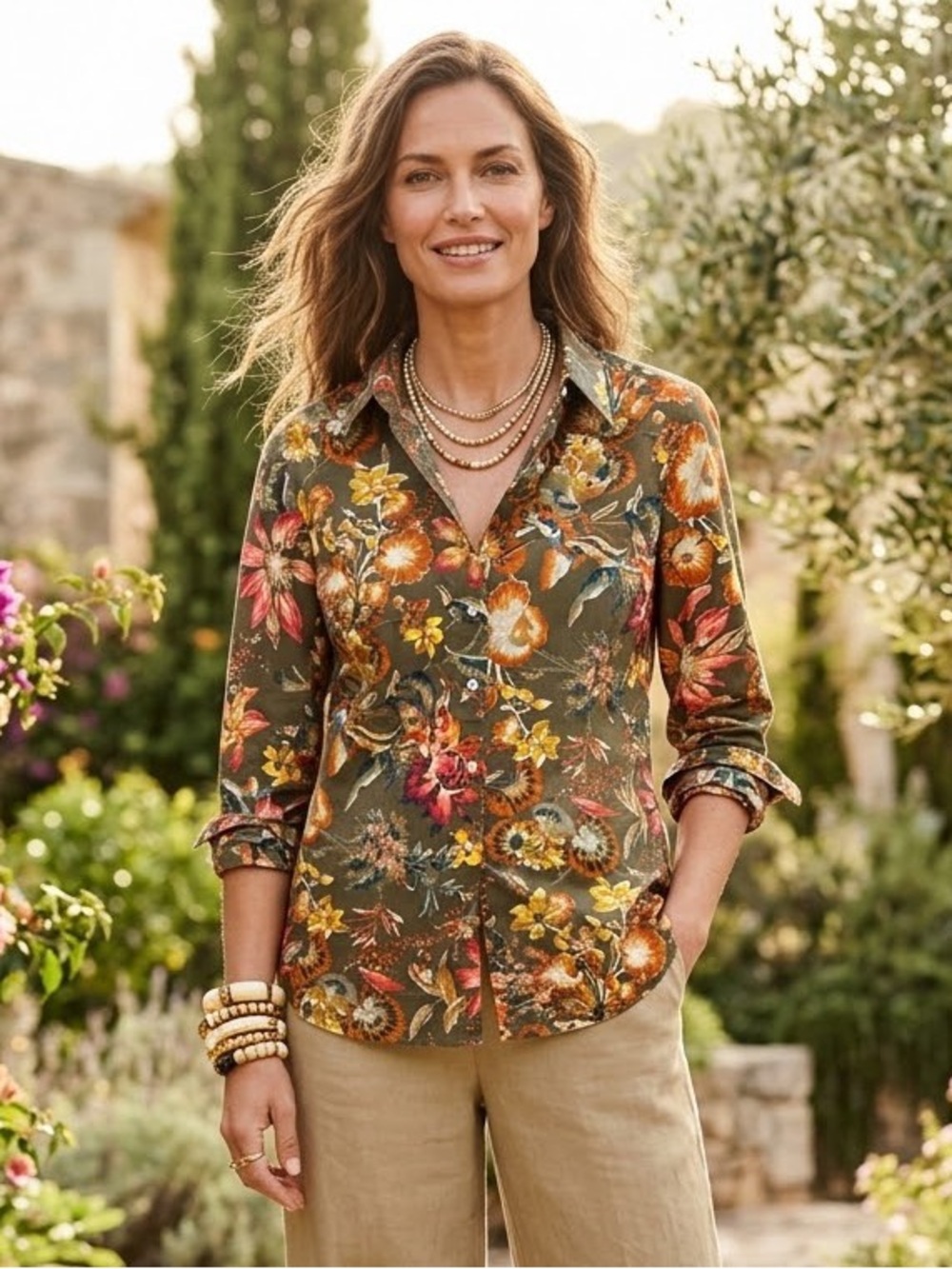Talbots Olive Green Cotton Floral Button-Down Shirt